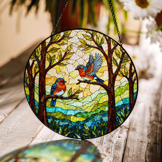 Bluebirds in forest round window suncatcher stained glass look gift for bird lovers