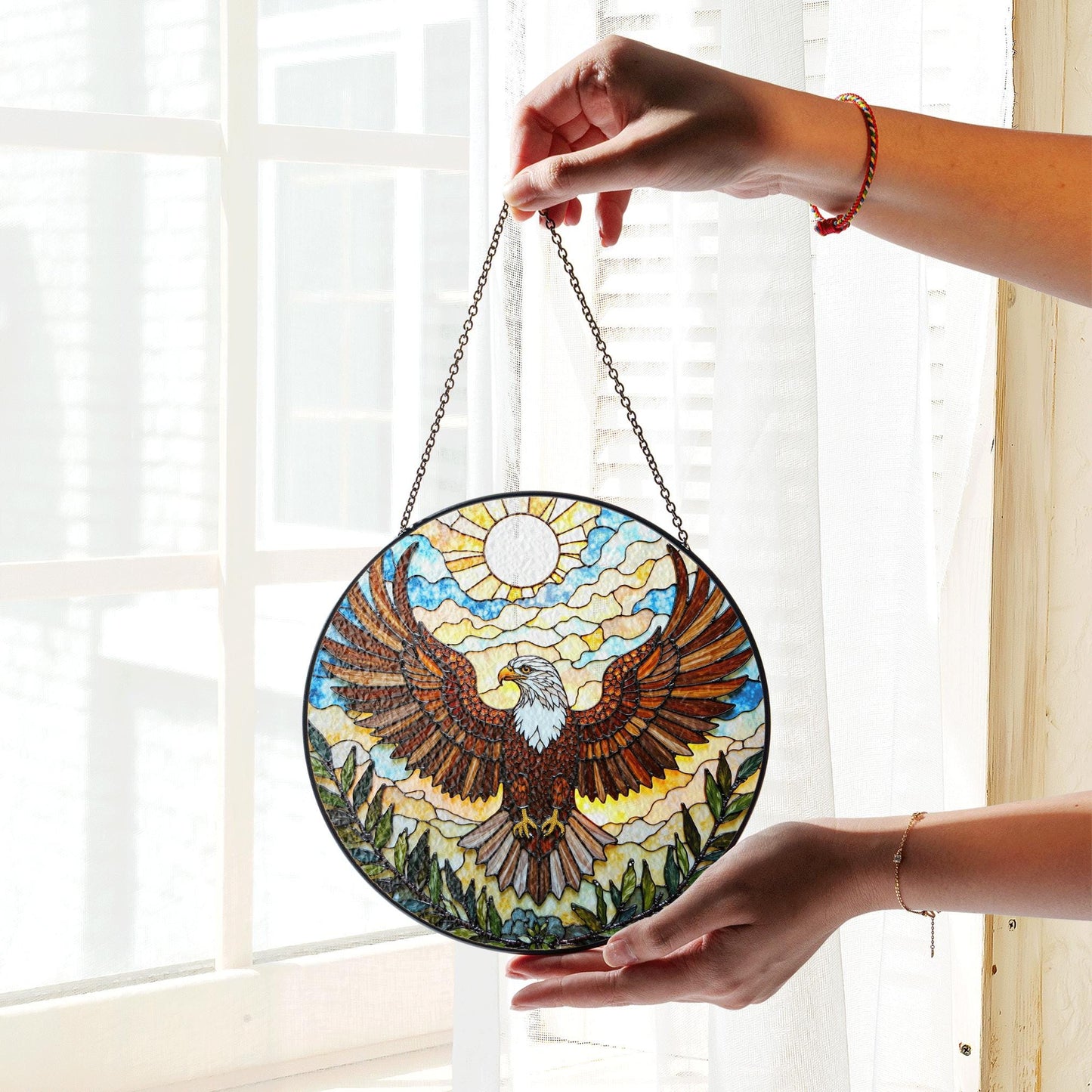 Bald Eagle Flying Stained Glass Round Panel Window Hanging Suncatcher Gift for Dad or Nature Lover