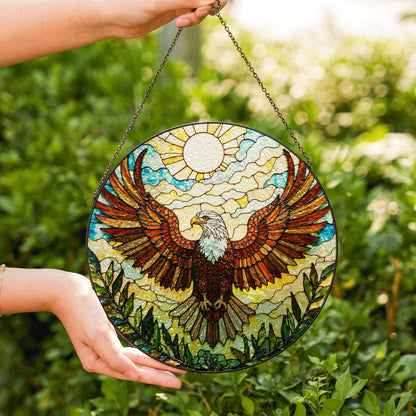 Bald Eagle Flying Stained Glass Round Panel Window Hanging Suncatcher Gift for Dad or Nature Lover