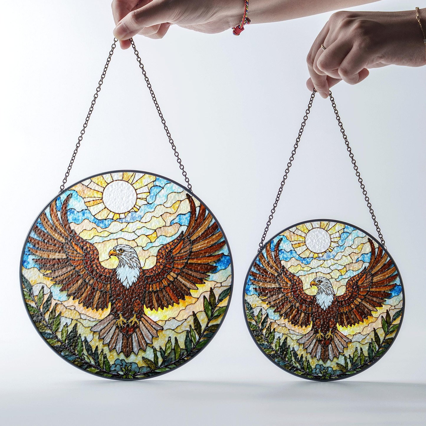 Bald Eagle Flying Stained Glass Round Panel Window Hanging Suncatcher Gift for Dad or Nature Lover