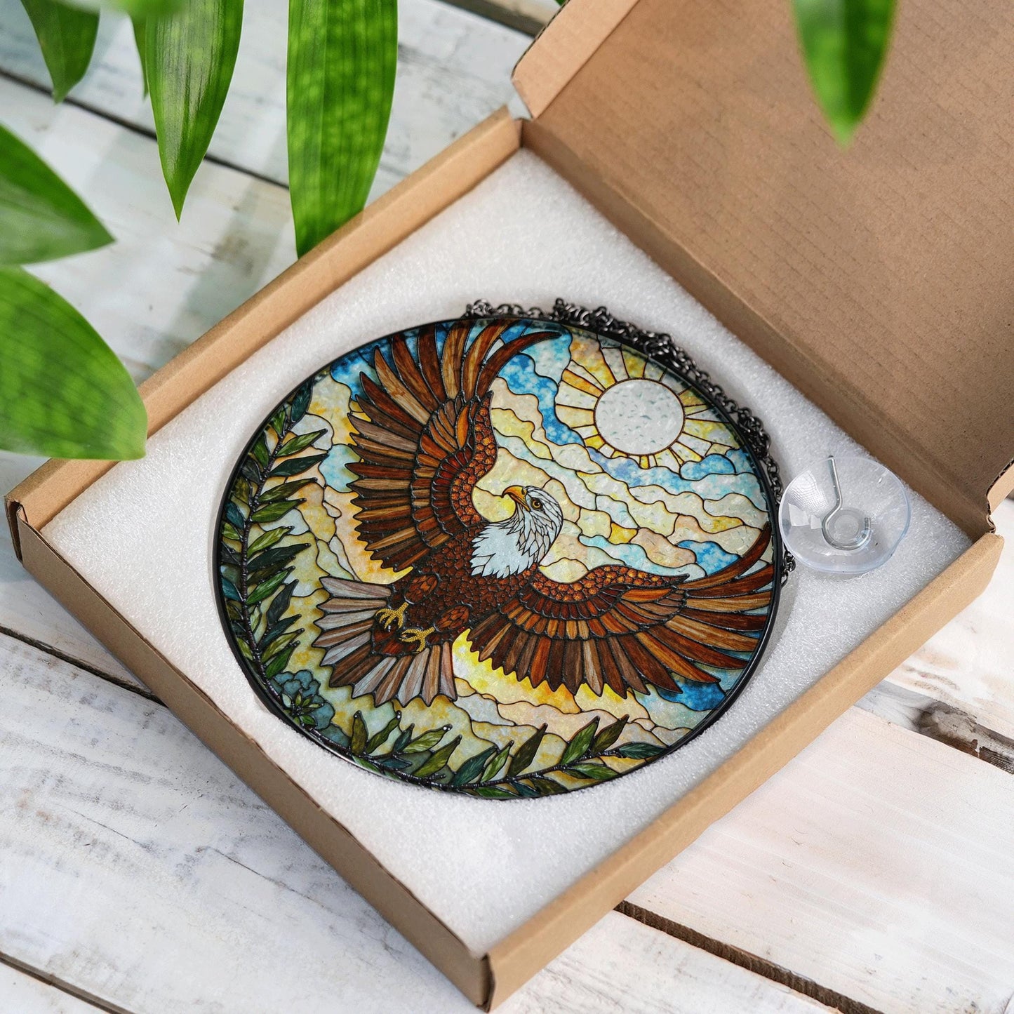 Bald Eagle Flying Stained Glass Round Panel Window Hanging Suncatcher Gift for Dad or Nature Lover