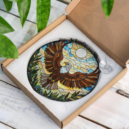 Bald Eagle Flying Stained Glass Round Panel Window Hanging Suncatcher Gift for Dad or Nature Lover