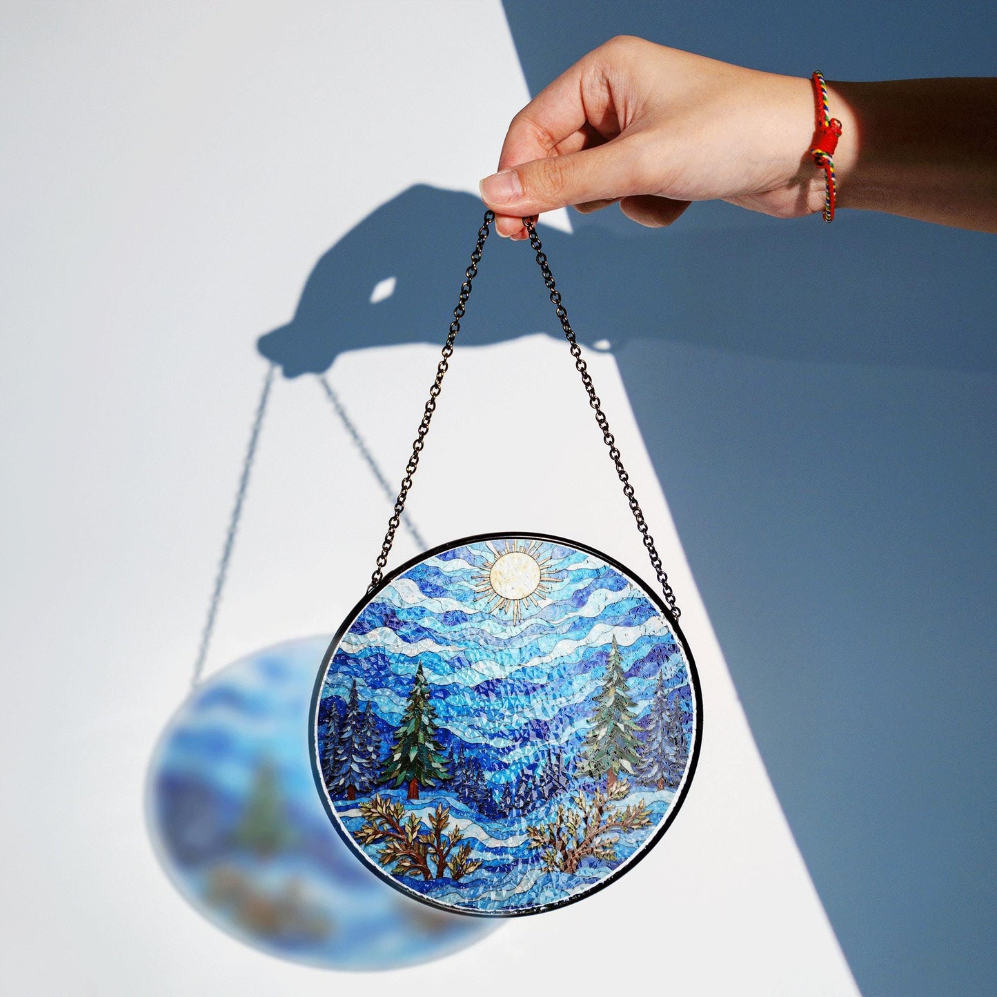 Mountain forest sun design suncatcher stained glass window art gift for nature lover