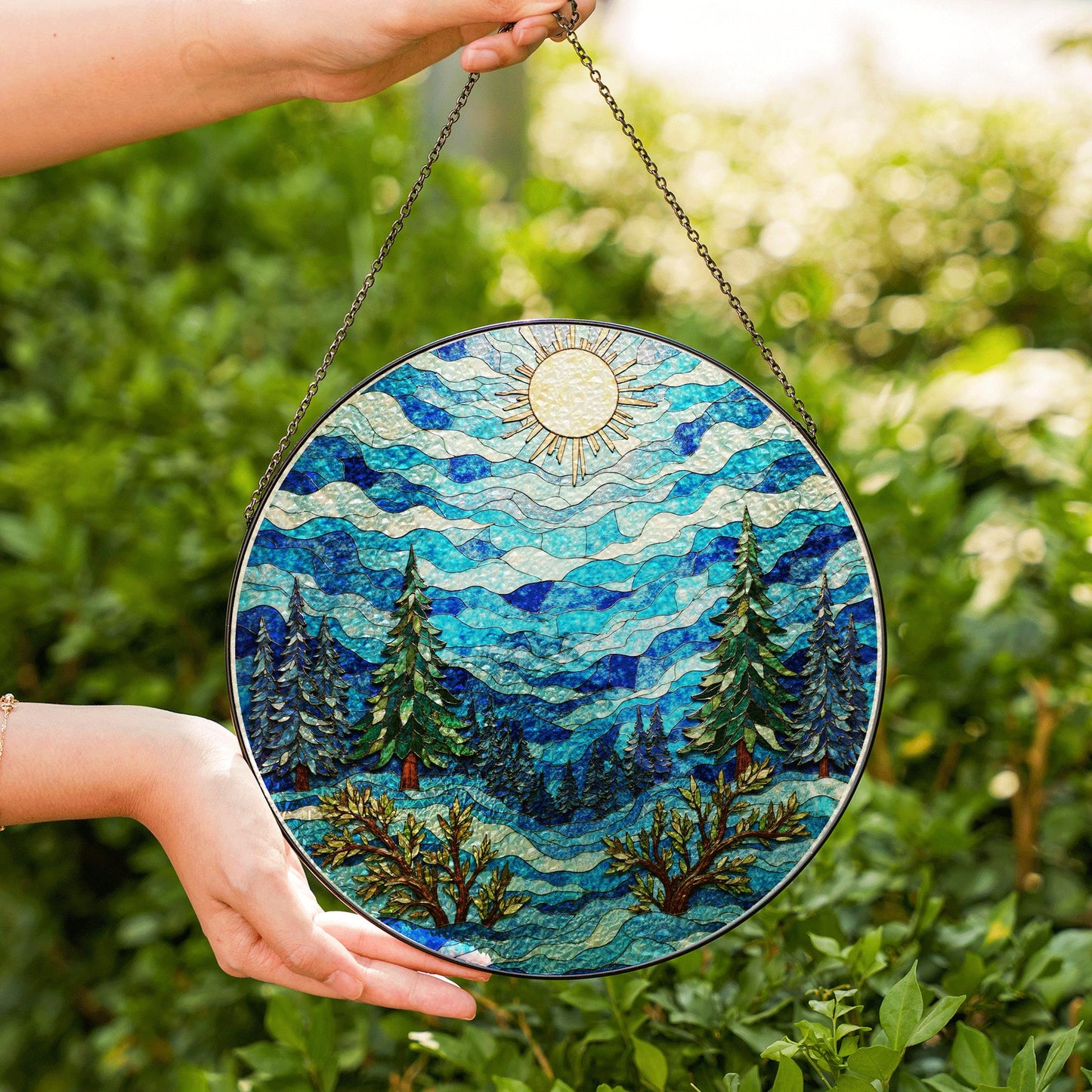 Mountain forest sun design suncatcher stained glass window art gift for nature lover