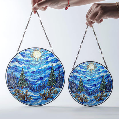 Mountain forest sun design suncatcher stained glass window art gift for nature lover