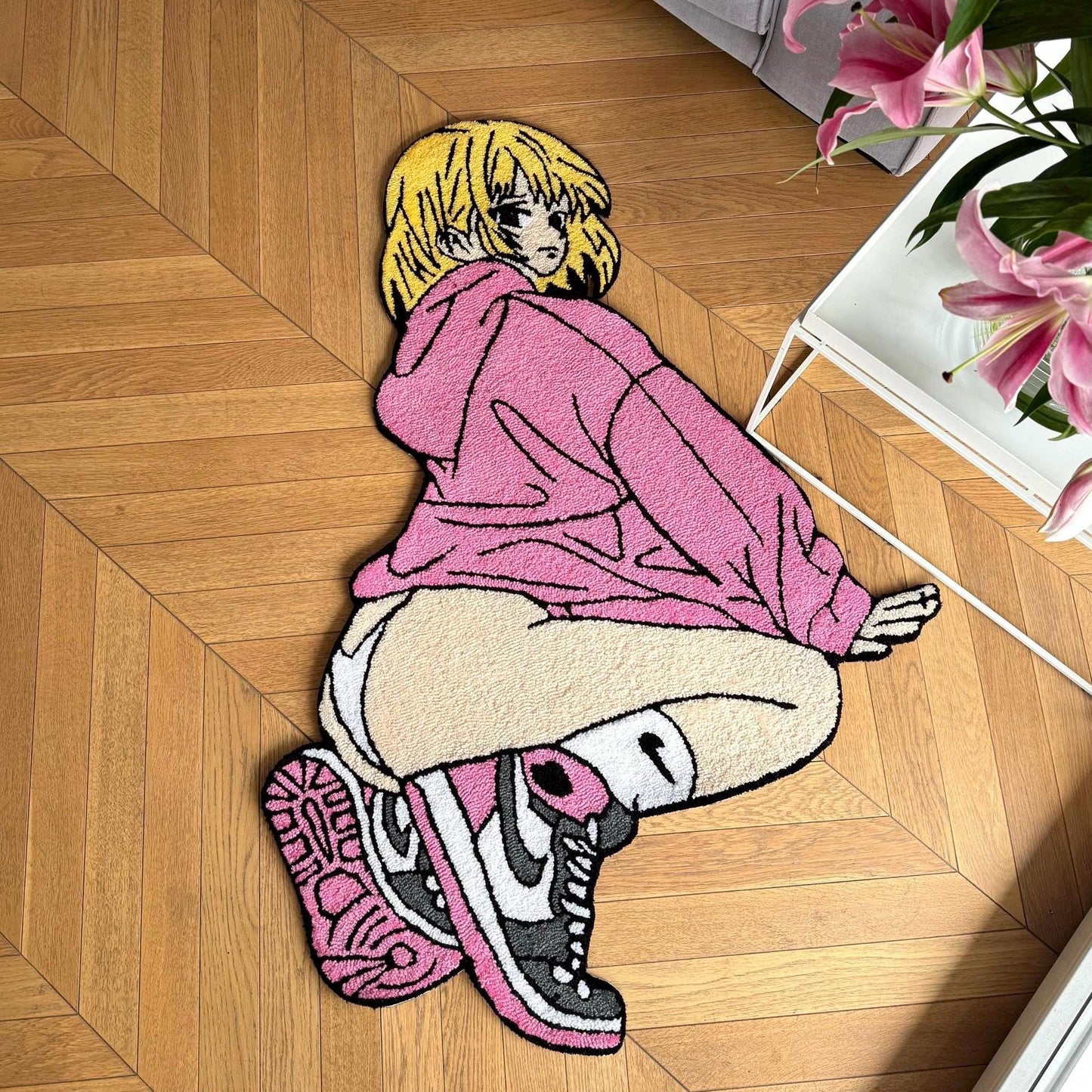 Handmade Tufted Anime Girl Rug: Gift for Anime Lovers