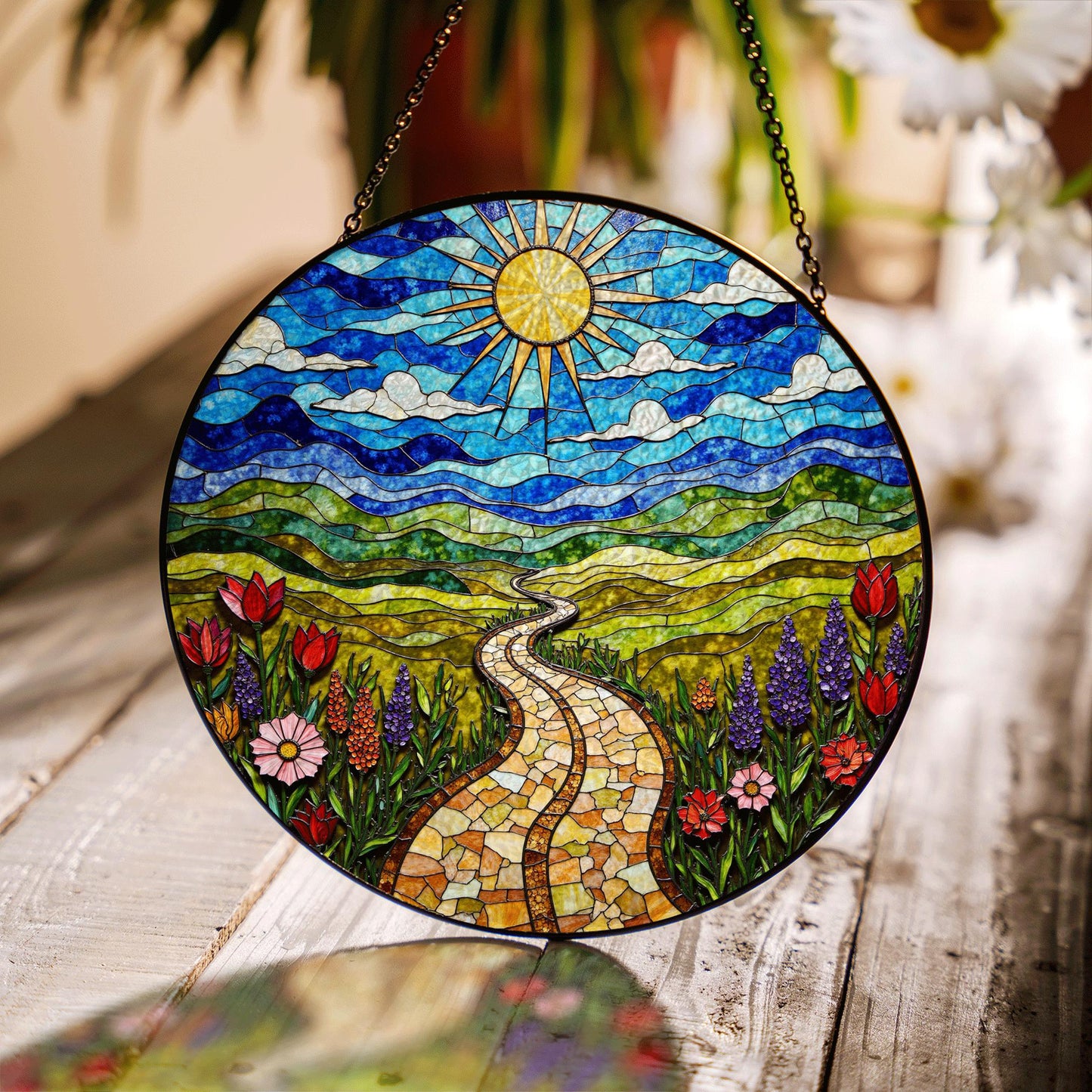 Mosaic sun trail with wildflowers vibrant stained glass suncatcher gift for nature lover friend