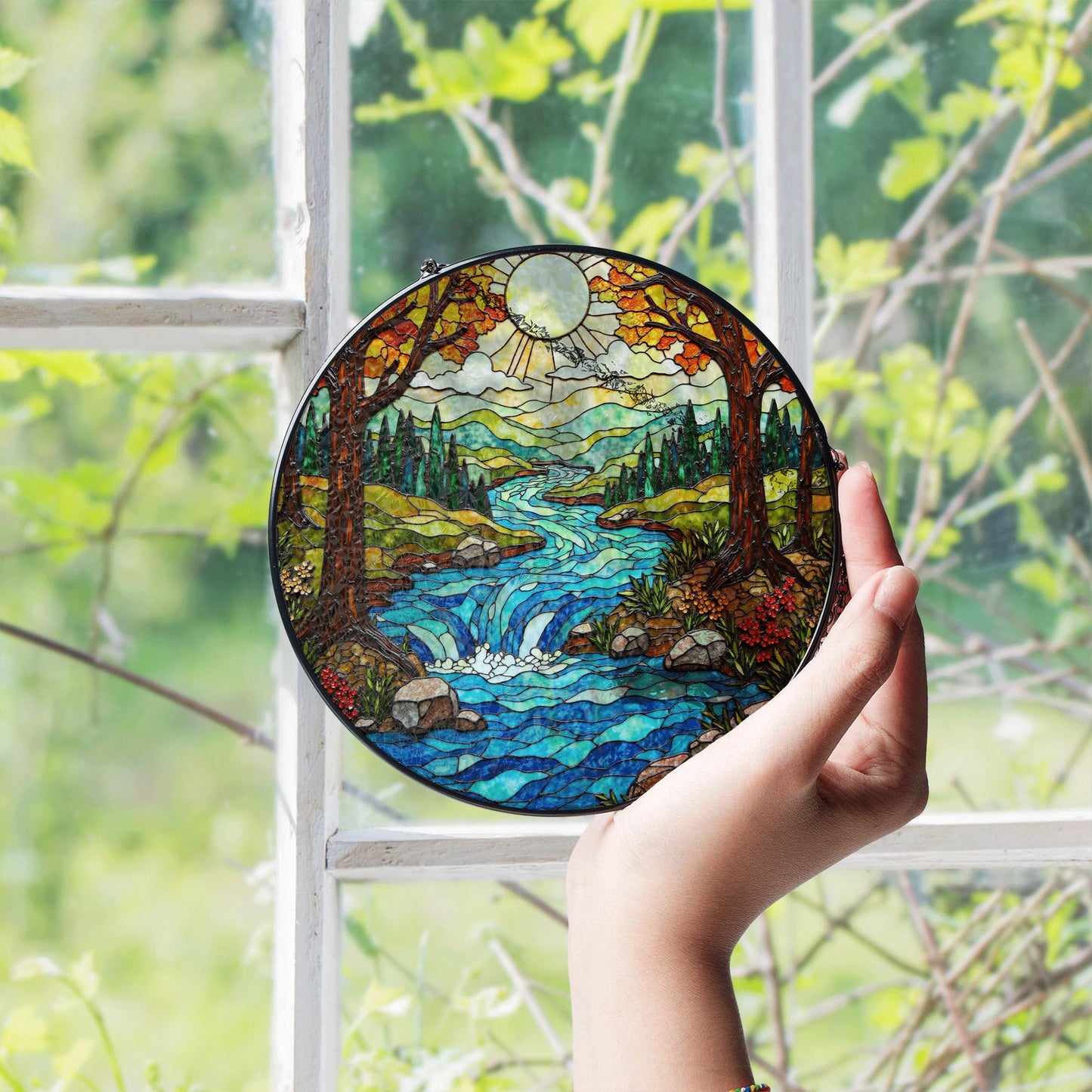 autumn forest river stained glass window hanging nature suncatcher gift for nature lover