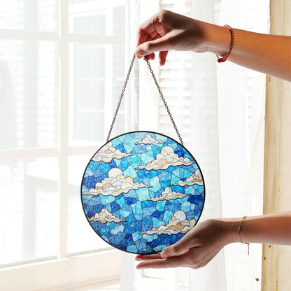 Stained blue sky cloud glass suncatcher with dreamy layers of light for window decor gift for sky lovers