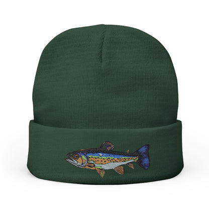 Green Trout Embroidered Knit Beanie, Colorful Fish Hat for Anglers | Fishing Gift, Outdoor Winter Hat, Cozy Cotton Blend, Fathers Day Idea