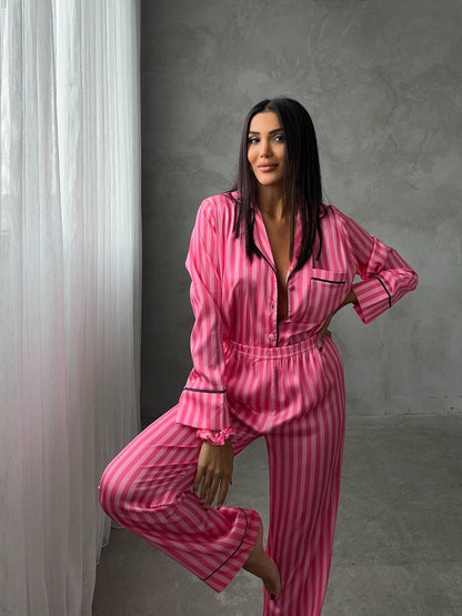 Pink Satin Pajama Set for Women – Long Sleeve Button Down Sleepwear – Striped Soft Loungewear – Luxury Gift for Her