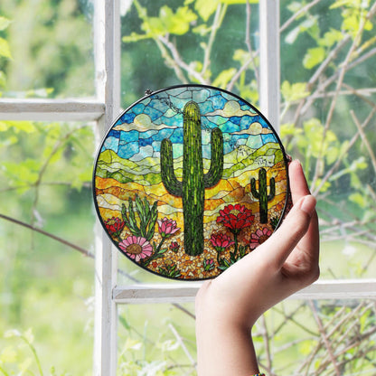 Desert cactus bloom stained glass suncatcher with wildflowers and sky gift for nature lovers