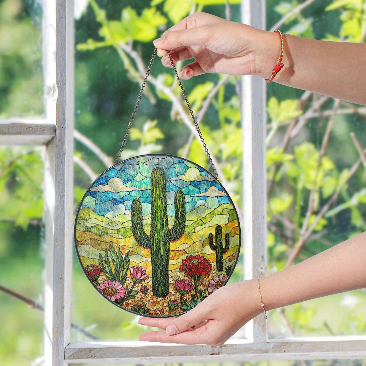 Desert cactus bloom stained glass suncatcher with wildflowers and sky gift for nature lovers