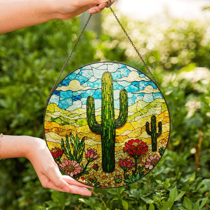 Desert cactus bloom stained glass suncatcher with wildflowers and sky gift for nature lovers