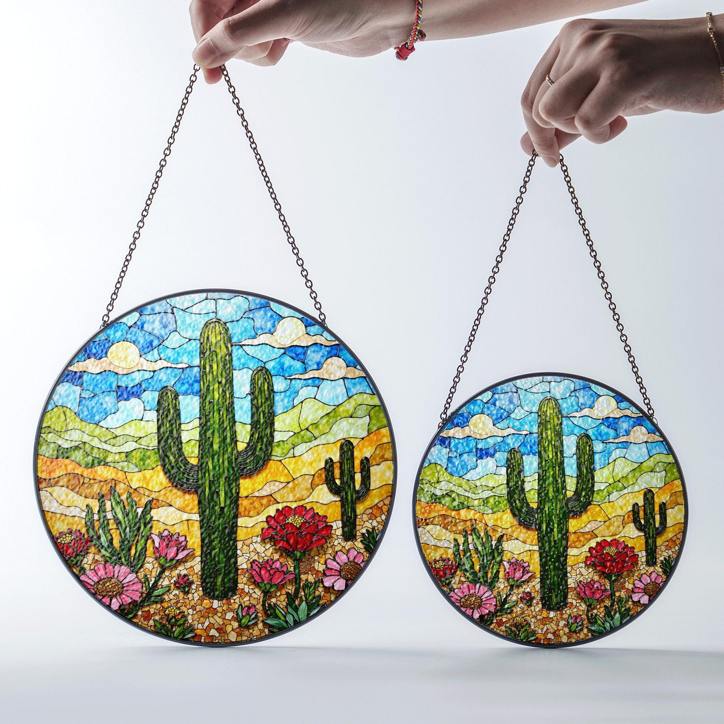 Desert cactus bloom stained glass suncatcher with wildflowers and sky gift for nature lovers