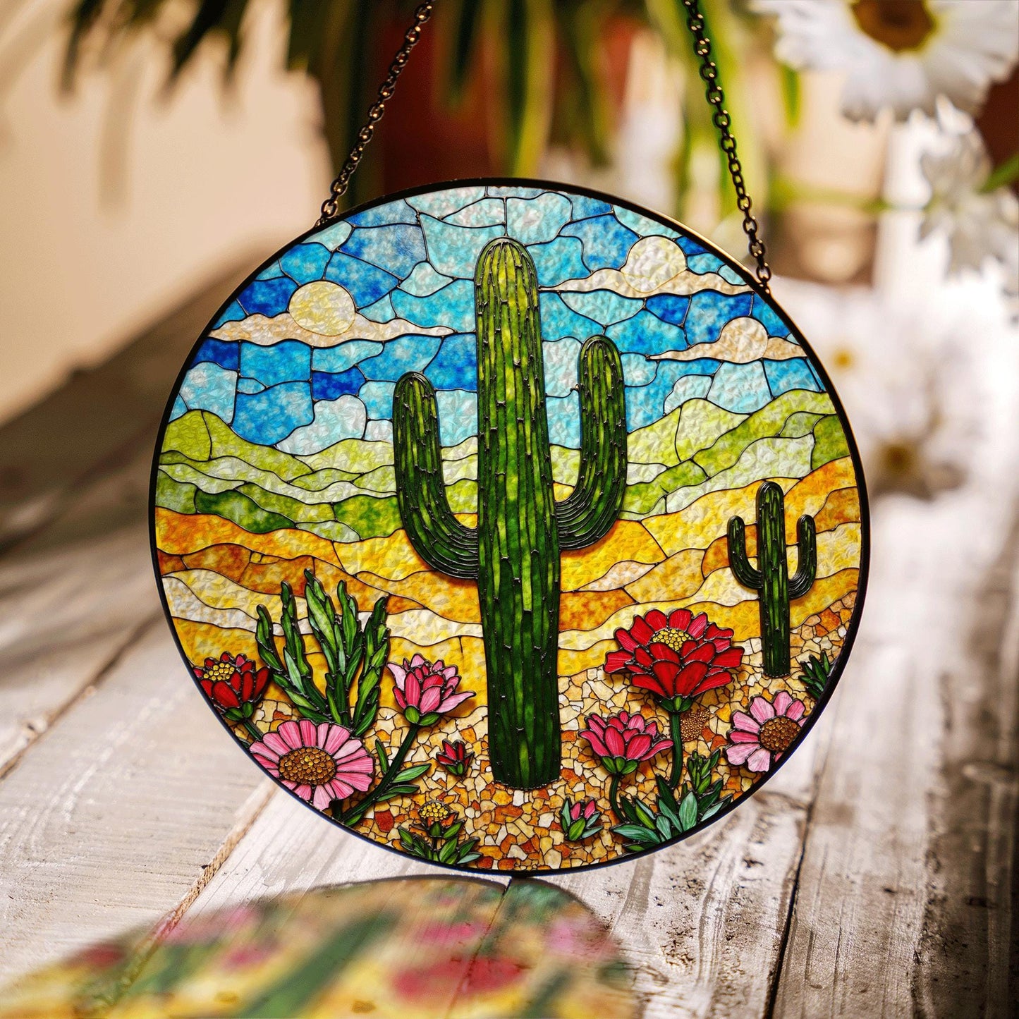 Desert cactus bloom stained glass suncatcher with wildflowers and sky gift for nature lovers