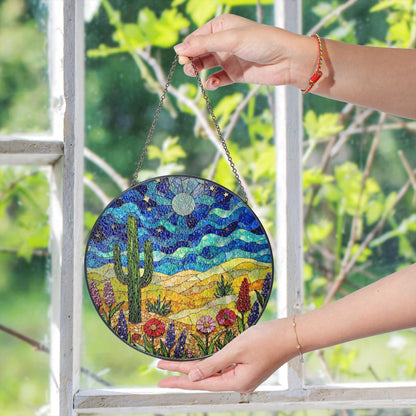 desert cactus under moon sky glass suncatcher with wildflower field boho window decor gift for nature lover
