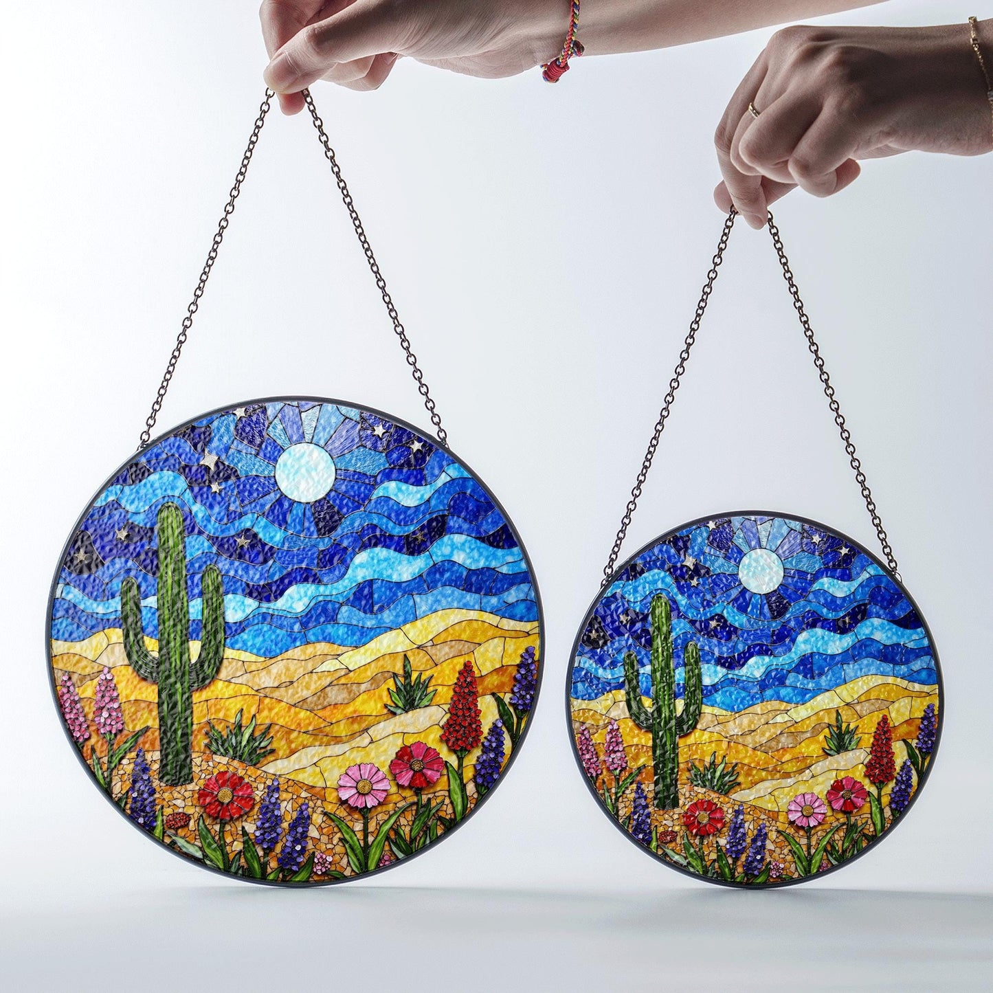 desert cactus under moon sky glass suncatcher with wildflower field boho window decor gift for nature lover
