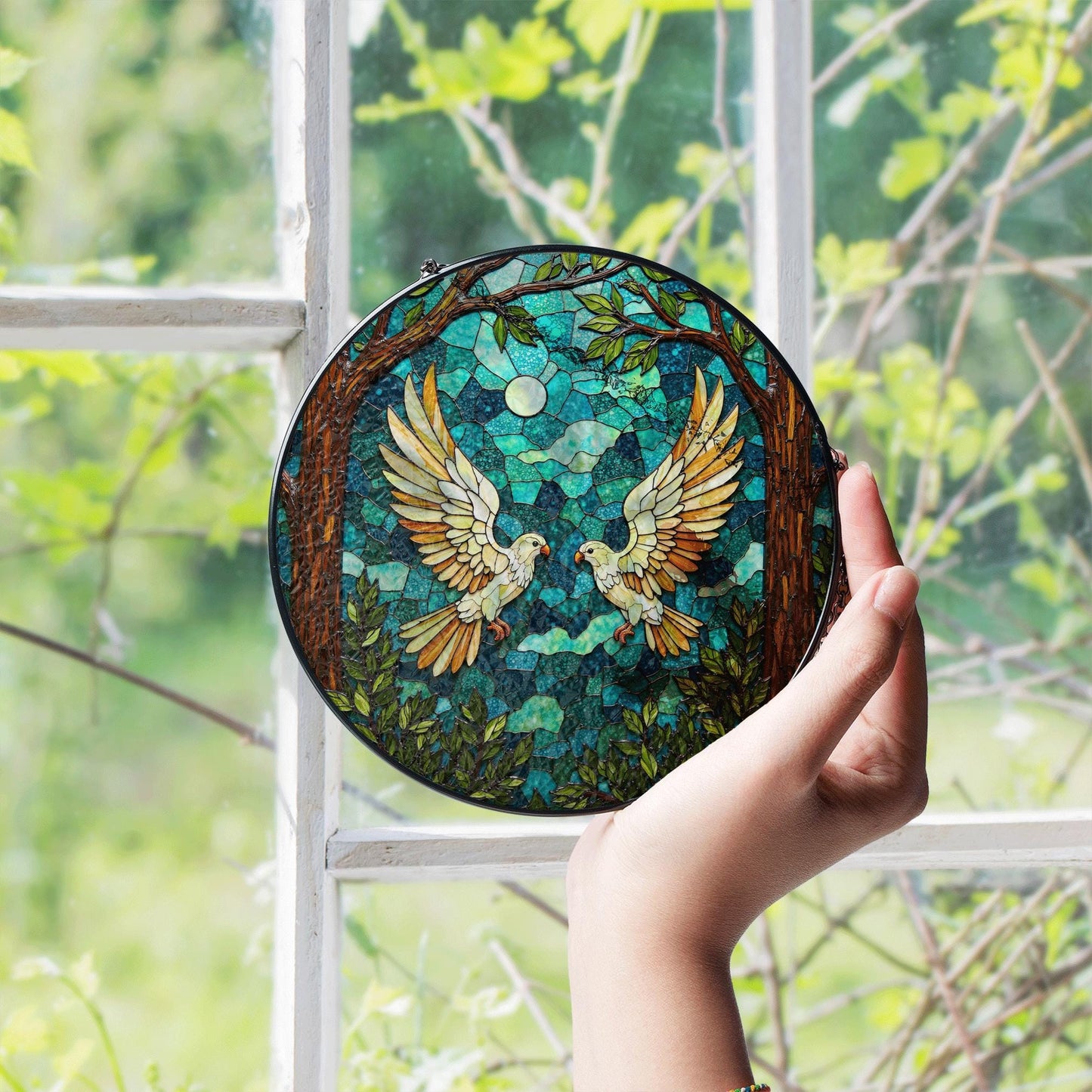 moonlit forest doves stained glass style round suncatcher bird art window decor gift for bird lovers