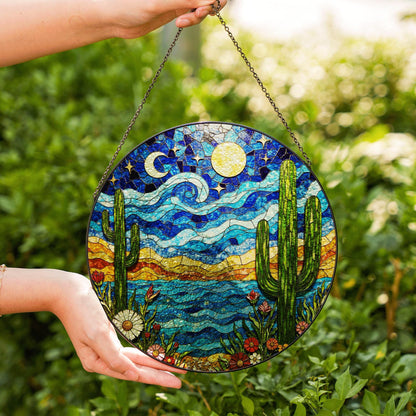 Desert Night Sky Cactus Landscape Colorful Suncatcher Window Hanging Gift for Nature Lover