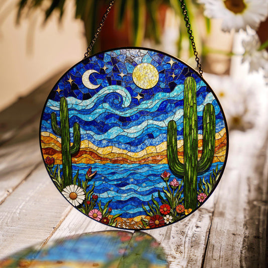 Desert Night Sky Cactus Landscape Colorful Suncatcher Window Hanging Gift for Nature Lover