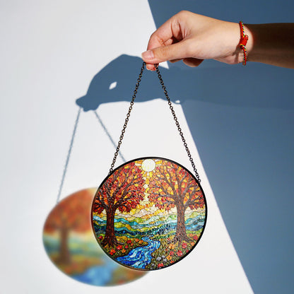 Autumn Trees River Flow Stained Glass Round Suncatcher Gift for Nature Lovers Home Decor