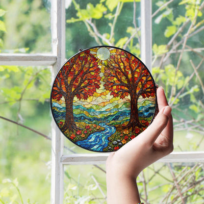 Autumn Trees River Flow Stained Glass Round Suncatcher Gift for Nature Lovers Home Decor
