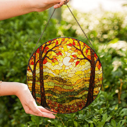 Autumn forest stained glass suncatcher sunlit trees fall landscape gift for nature lover window decoration