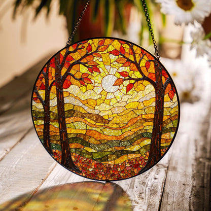 Autumn forest stained glass suncatcher sunlit trees fall landscape gift for nature lover window decoration