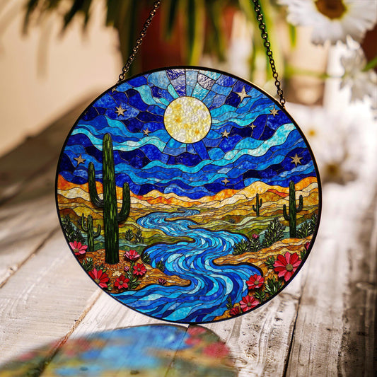 Desert River Night Sky Art Suncatcher Colorful Stained Glass Window Decor Gift for Nature Lovers