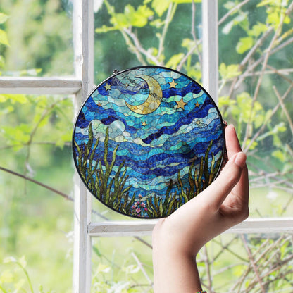 Crescent Moon Starry Sky Night Dream Suncatcher Stained Glass Window Decor Gift for Nature Lovers