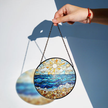 Ocean Shore Sunlight Round Suncatcher Stained Glass Window Decor Gift for Beach Lover Home Blessing