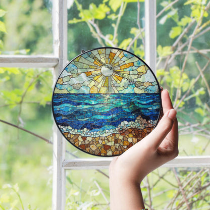 Ocean Shore Sunlight Round Suncatcher Stained Glass Window Decor Gift for Beach Lover Home Blessing