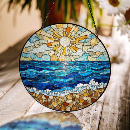 Ocean Shore Sunlight Round Suncatcher Stained Glass Window Decor Gift for Beach Lover Home Blessing