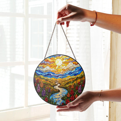 Colorful Mountain River Landscape Suncatcher Glass Art for Nature Lover Gift