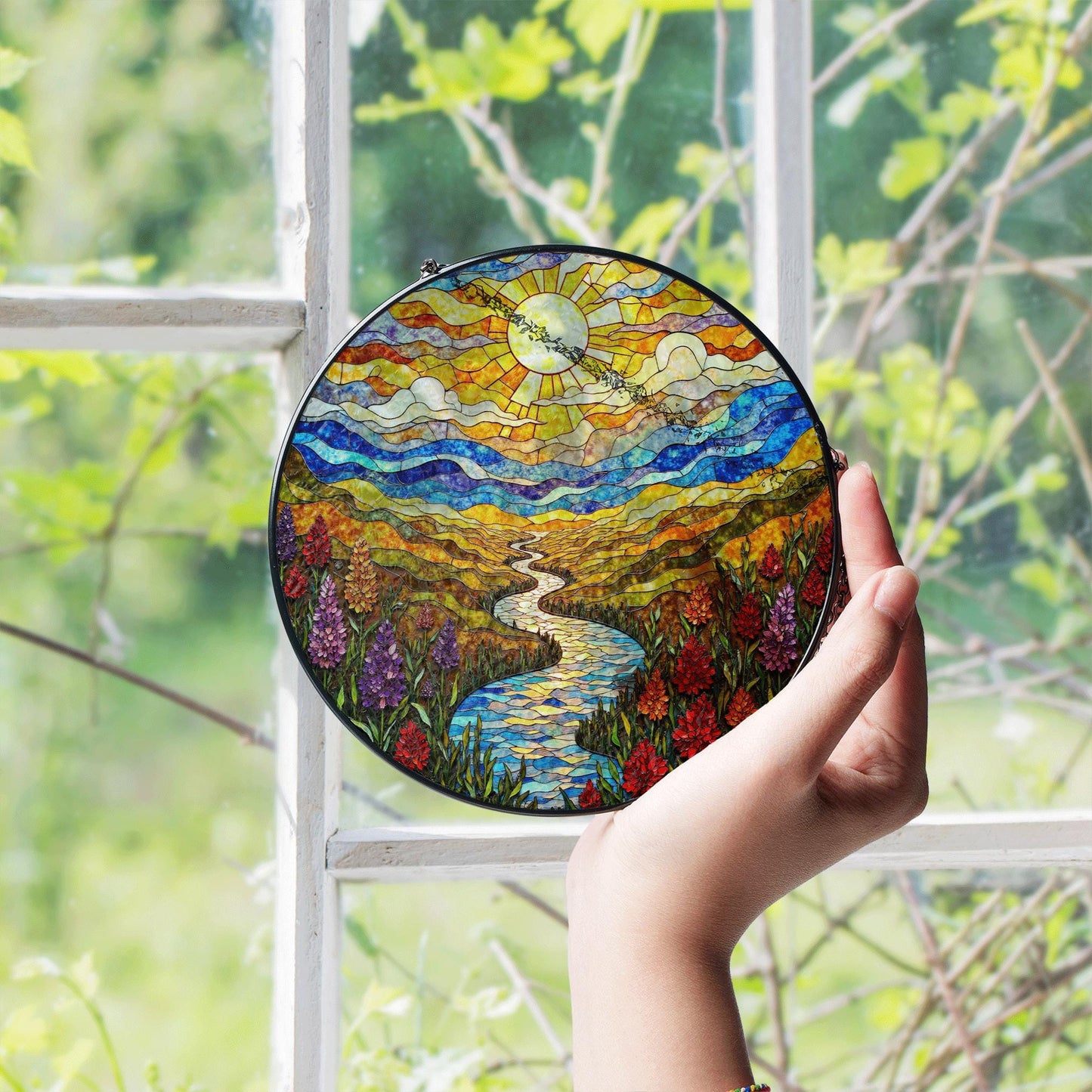 Colorful Mountain River Landscape Suncatcher Glass Art for Nature Lover Gift