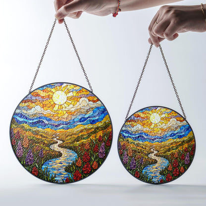 Colorful Mountain River Landscape Suncatcher Glass Art for Nature Lover Gift