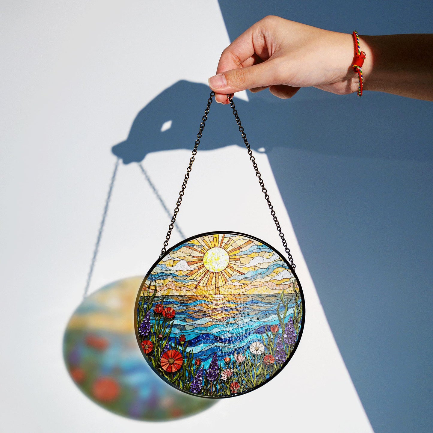 Vibrant wildflower meadow and ocean wave stained glass suncatcher summer window decor gift for nature lovers