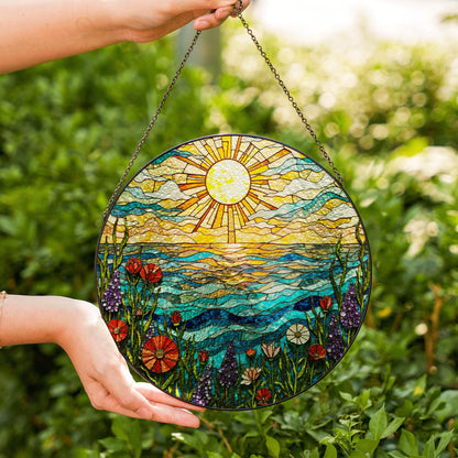 Vibrant wildflower meadow and ocean wave stained glass suncatcher summer window decor gift for nature lovers