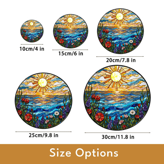 Vibrant wildflower meadow and ocean wave stained glass suncatcher summer window decor gift for nature lovers