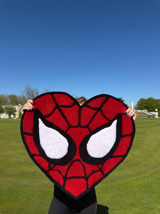 Handmade Heart Spider Rug: Tufted Acrylic Yarn, Superhero Decor