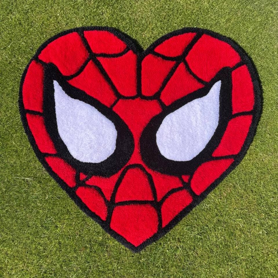 Handmade Heart Spider Rug: Tufted Acrylic Yarn, Superhero Decor