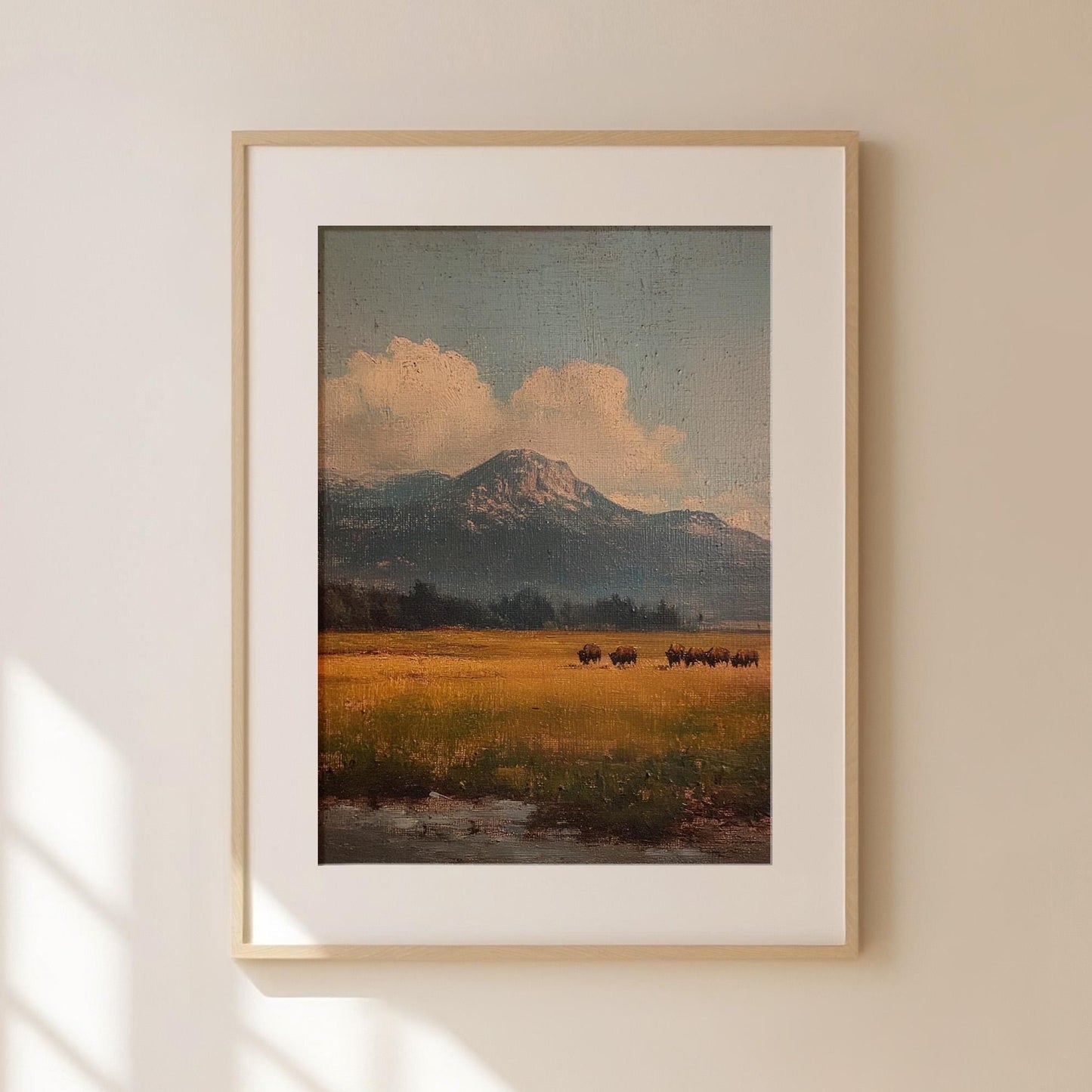 Bison Grazing in a Field Vintage Oil Painting Print Rustic Antique Retro Buffalo Print Rocky Mountain Poster Western Cabin Cottage Wall Art