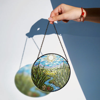 Sunny River Valley Landscape Stained Glass Style Suncatcher Gift for Nature Lover Window Decor