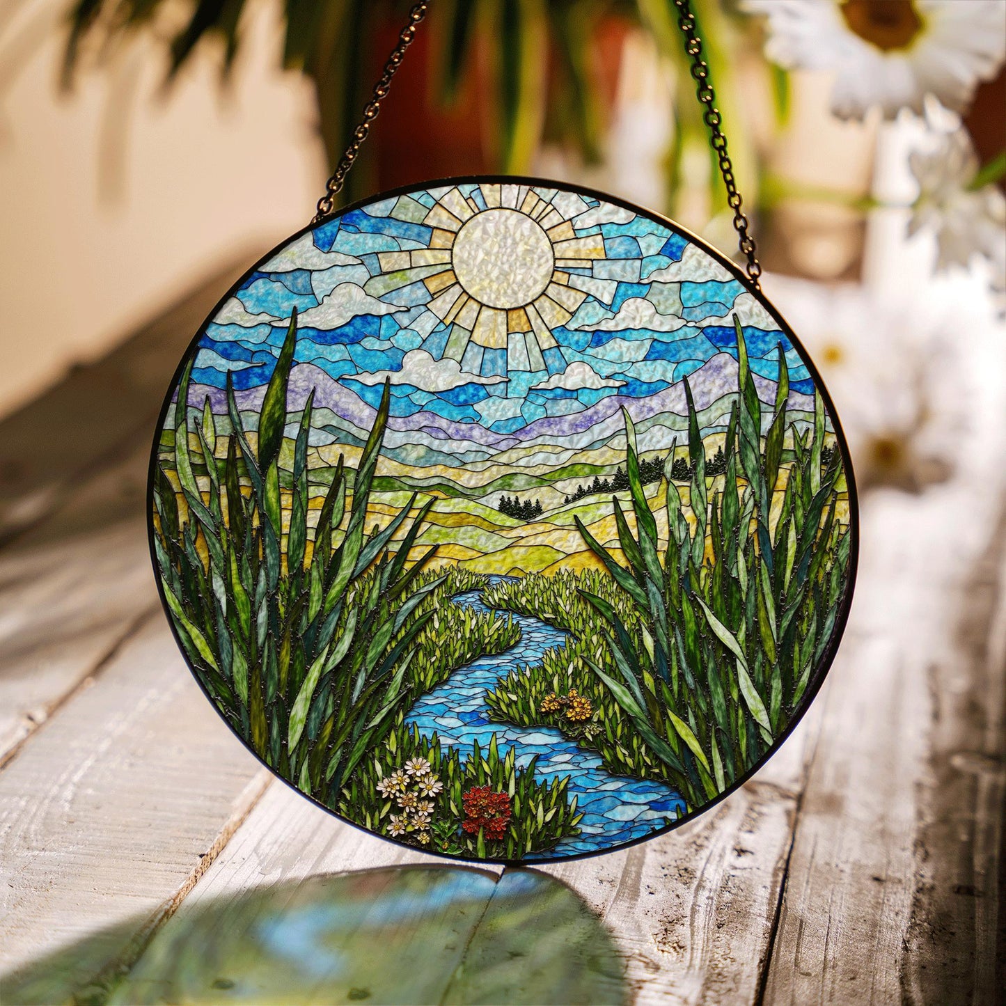 Sunny River Valley Landscape Stained Glass Style Suncatcher Gift for Nature Lover Window Decor