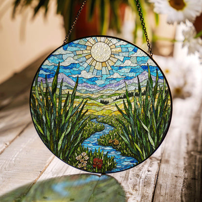 Sunny River Valley Landscape Stained Glass Style Suncatcher Gift for Nature Lover Window Decor