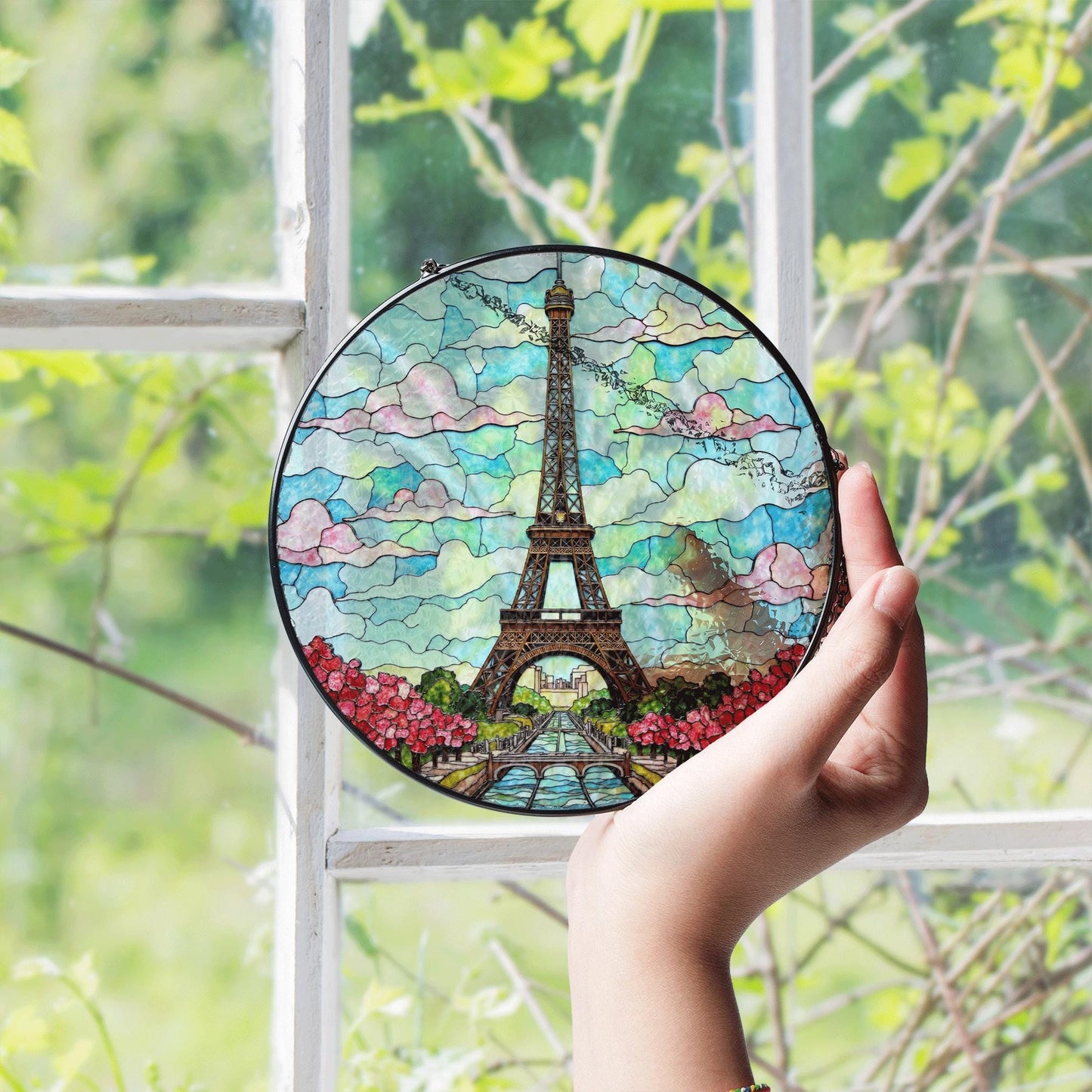 Stained Glass Eiffel Tower Suncatcher Paris Skyline Window Hanging Gift