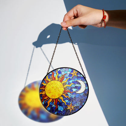Sun and Moon Stained Glass Suncatcher in Blue and Yellow for Home Decor Gift