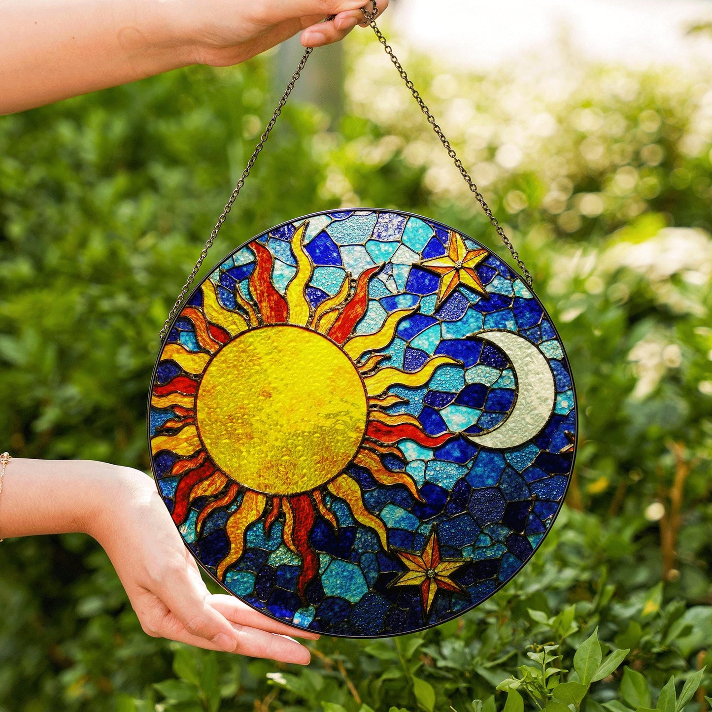 Sun and Moon Stained Glass Suncatcher in Blue and Yellow for Home Decor Gift