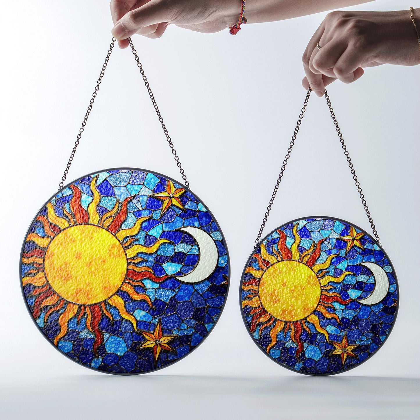 Sun and Moon Stained Glass Suncatcher in Blue and Yellow for Home Decor Gift
